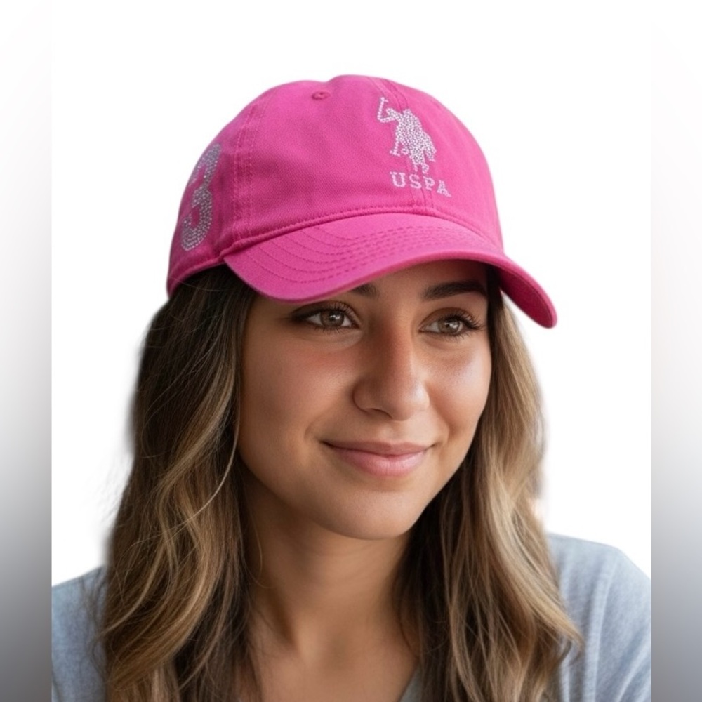 U.S. Polo Assn. Women's Fuchsia Pink Cap with Rhinestone Logo and Number 3